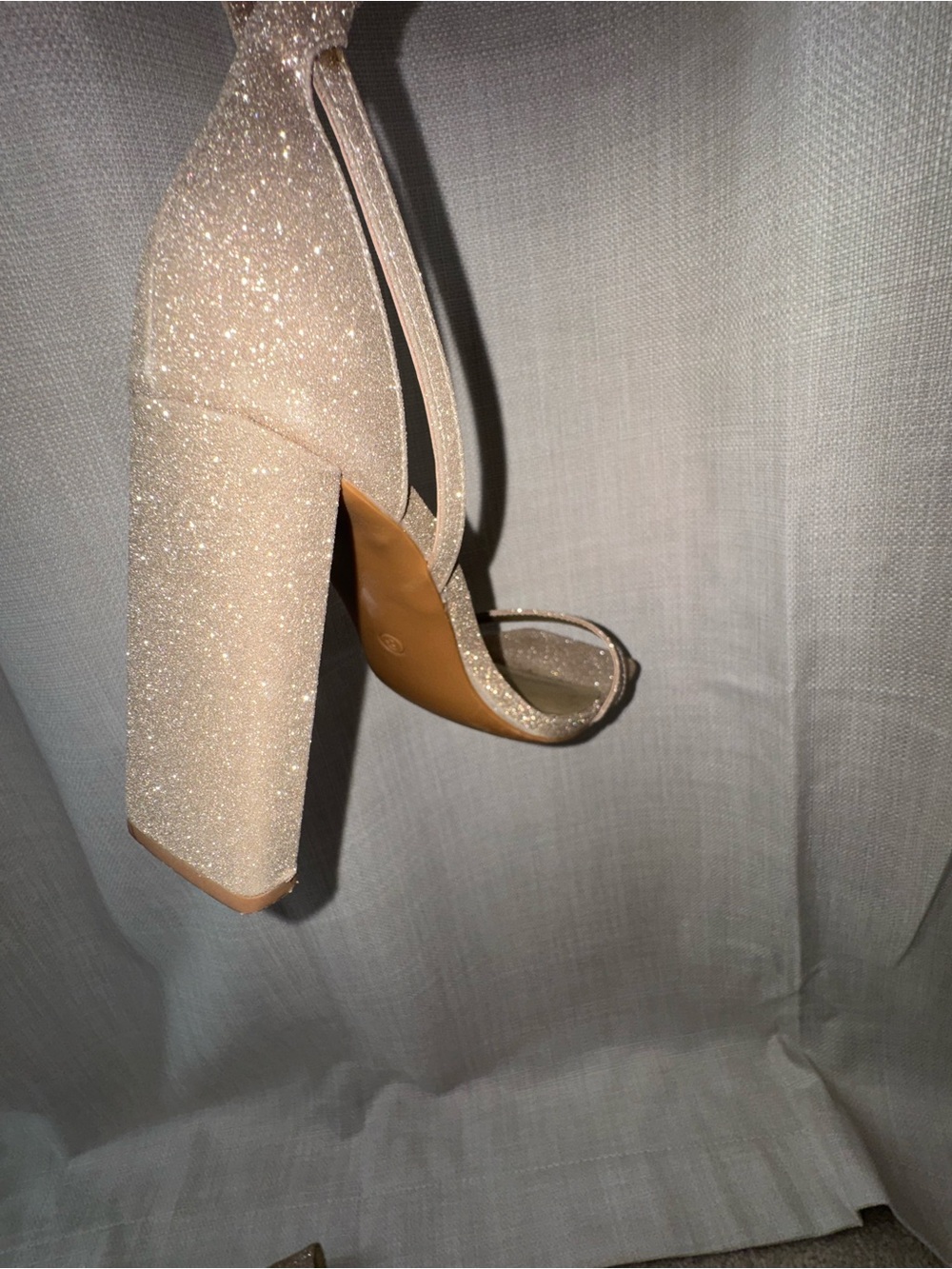 Sparkle Block Heel Ankle-Strap Sandal in Champagne Glitter